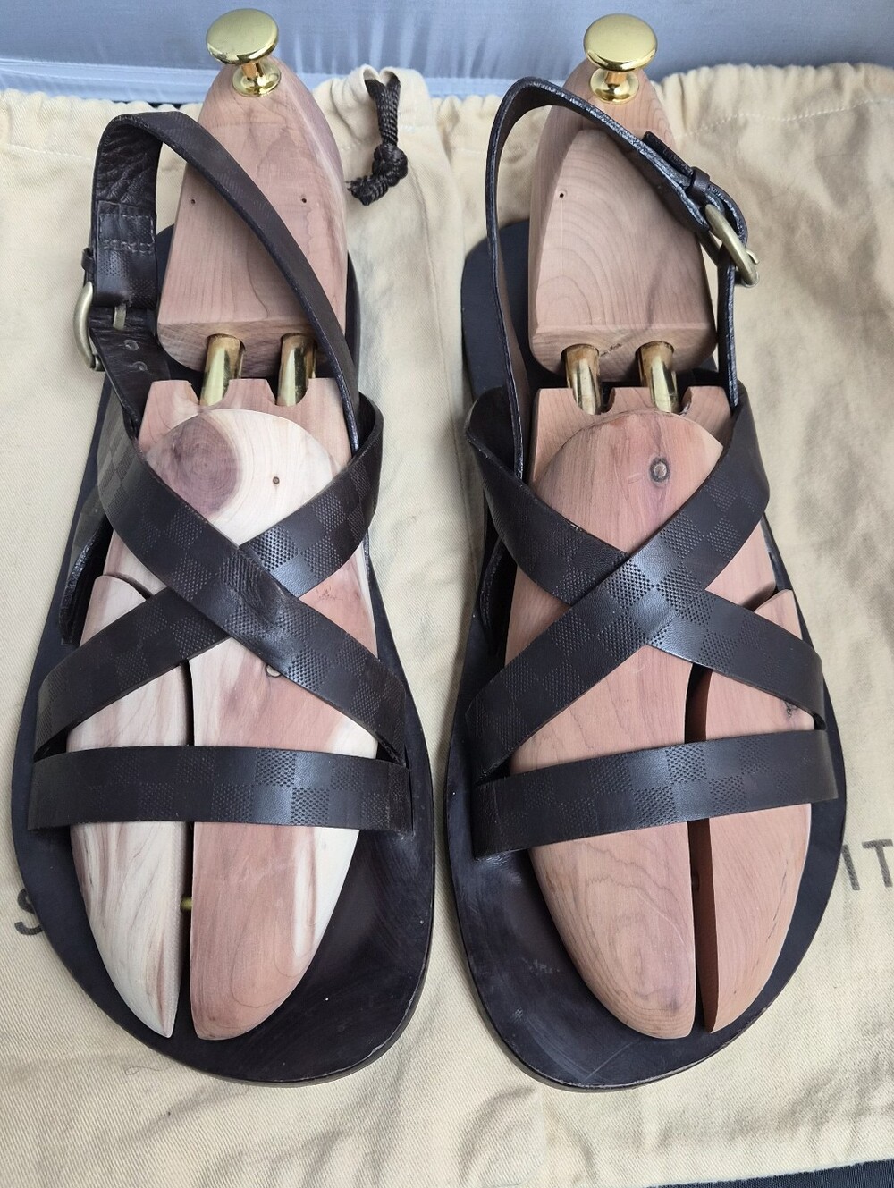 Louis Vuitton Damier Ebene Leather Crossover Strappy Sandals - Size LV 10
